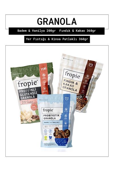 FROPİE Probiotic Almond & Vanilla - Hazelnut & Cocoa - Gluten-Free Cashew & Flax Seed Granola Set of 3