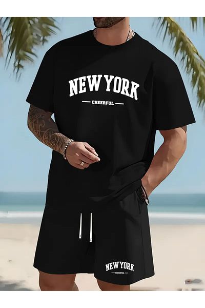 Minikelya New York Cheerful Printed Men's Summer Comfortable Tracksuit Set