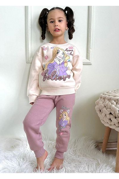 yagmurgiyim PJK3İ Believe Patterned Dusty Rose 3 Κλωστές Ροζ ρολό 100% βαμβακερό σετ φόρμας για κορίτσια 3-10 ετών 7348-GK