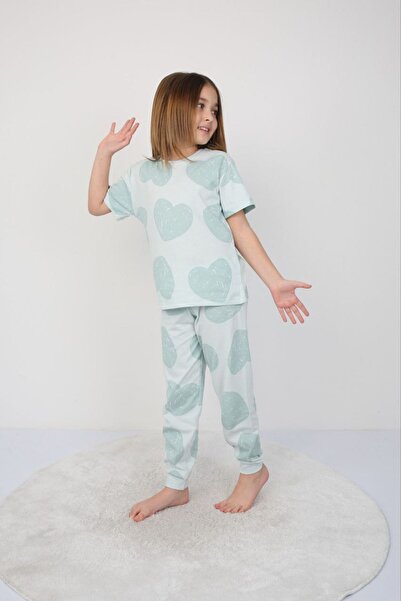 Yağmur Giyim Set pijamale pentru fete, 100% bumbac, cu model de inimă verde, ...