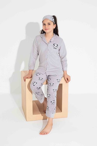 yagmurgiyim Tarp Gray Teddy Bear Front Button Fleece Pajamas Set for Girls 7-11 Years 2704-g
