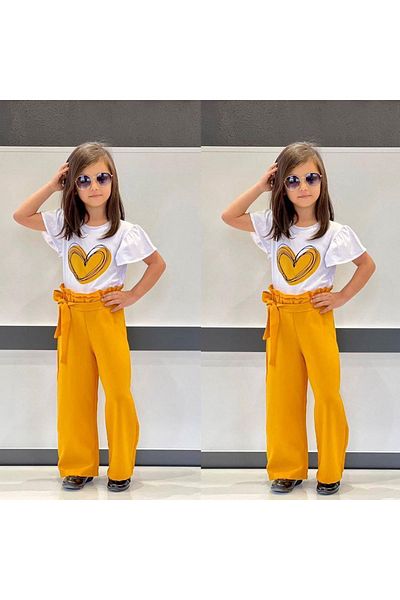Yağmur Giyim Heart Patterned Cropped Fabric Trousers Girl Set Mustard 3-10 Years 7050-H