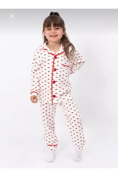 yagmurgiyim Red Heart Patterned 2-5 Years Old Baby Pajama Set - 100% Cotton 051-K