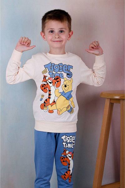 yagmurgiyim PJK2İ Tiger Winnie Pooh Σετ Φούτερ με Μοτίβο Μπλε 2 Κλωστές 100% Βαμβάκι για αγόρια 3-10 ετών 7243-M