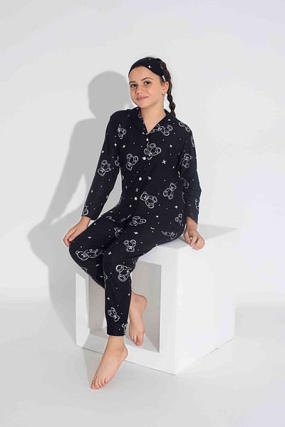 yagmurgiyim Set pijamale din piele intoarsa neagra pentru fete - nasture frontale, 5-9 ani 2723-9-S