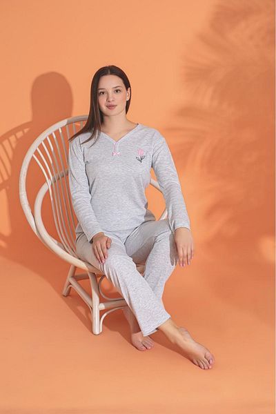 Yağmur Giyim Mlale Gray Thin Corded Report Interlock Pajama Set 3240