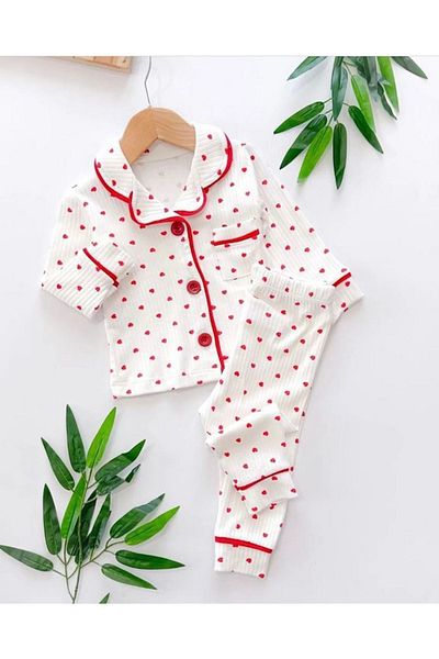 yagmurgiyim Red Heart Patterned 2-5 Years Old Baby Pajama Set - 100% Cotton 051-K