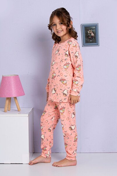 yagmurgiyim Elmp Salmon Owl Patterned 100% Cotton Girls' Pajama Set 1-13 Year...