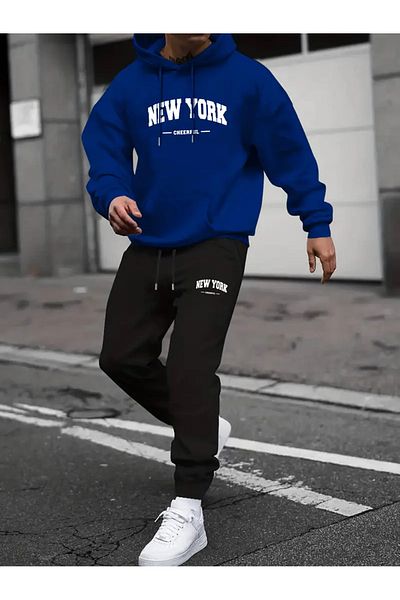 Minikelya New York Printed Men's Comfortable Hooded Tracksuit Set - Geometric Print