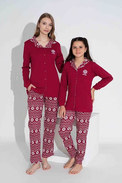 Yağmur Giyim Set de pijamale pentru mamă cu nasturi în față, cu fulgi de zăpadă, roșu Claret, 6410-b