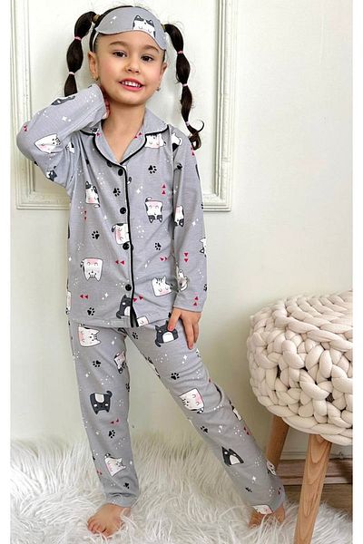 Yağmur Giyim Catlike Pattern Long Sleeve Girl Pajamas Set for 4-12 Years Old 540U-L Model