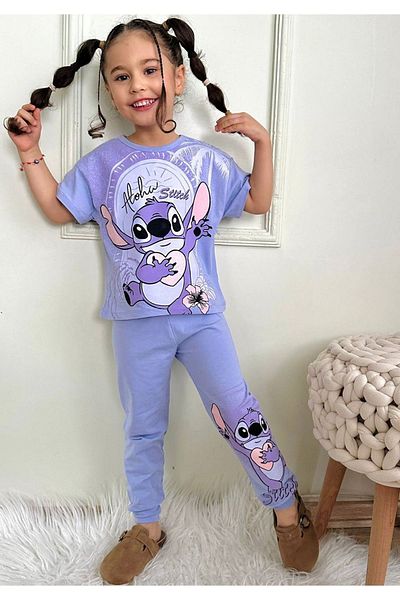 Yağmur Giyim Stitch Patterned Lilac Tracksuit Girl's Short Sleeve Suit