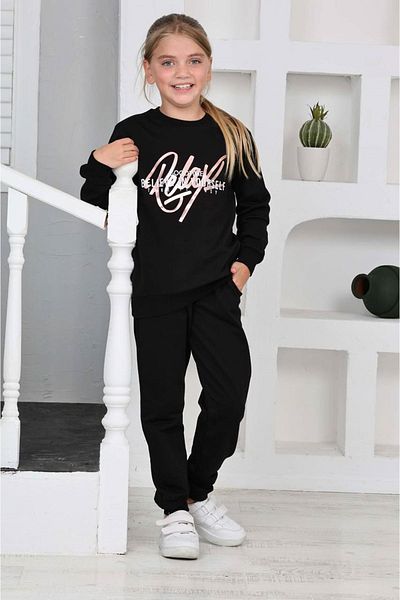 yagmurgiyim PJK2İ Come True Girls Σετ αθλητικών φόρμες με στάμπα - Μαύρο, 100% βαμβάκι, 5-14 ετών 7291-S