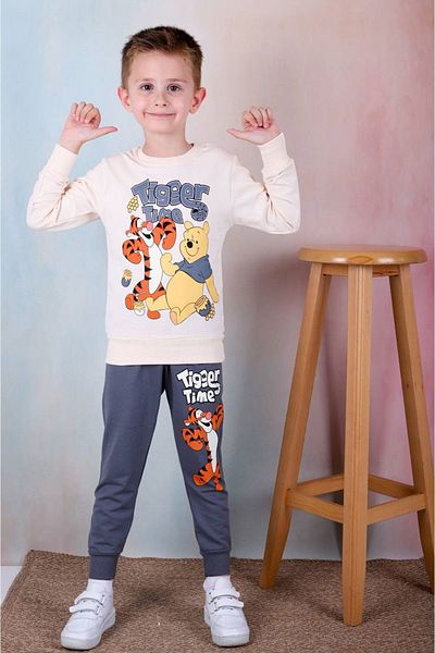 yagmurgiyim Pjk2i Tiger Winnie Pooh Patterned Boys Tracksuit - Smoked, 100% Cotton, 3-10 Years 7243-f