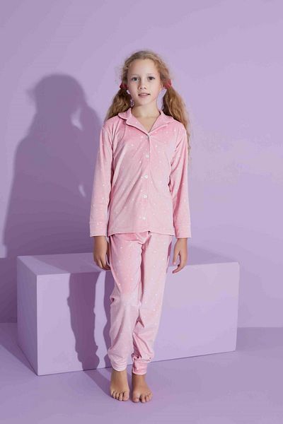 yagmurgiyim Pink Velvet Pajamas Set for Girls - Front Button, 5-15 Years 2791-2792-P