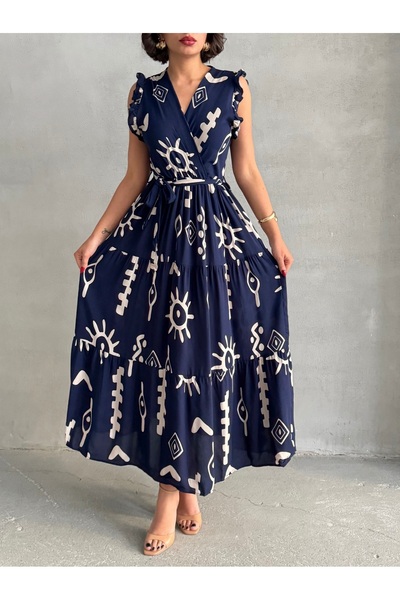 BEJNA Női sötétkék, fodros ujjú, kétsoros galléros szövetruha