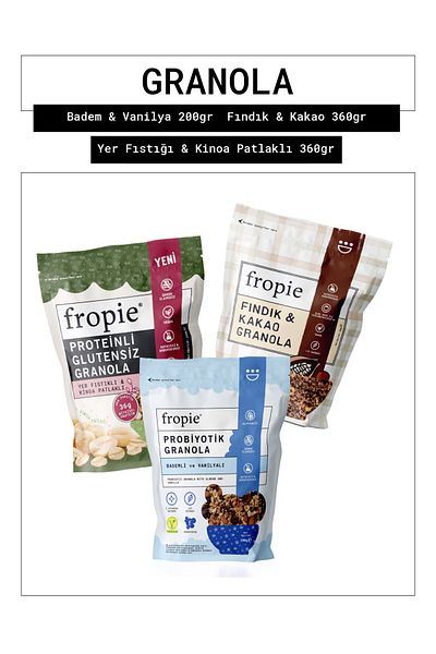 FROPİE Fropie Almond & Vanilla - Hazelnut & Cocoa - Gluten-Free Peanut & Quinoa Popcorn Granola Set of 3