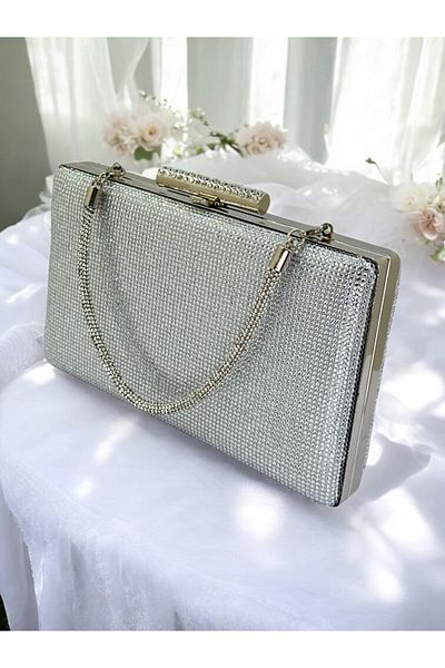 Wedding Fashion Mâner cu pietre de culoare argintie o parte cu piatră geantă de seară pentru femei, nuntă, logodna, absolvire