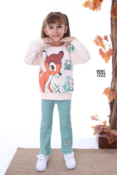 yagmurgiyim Pjk2İ Bmb Patterned Green Ribbed Leggings 2 Strings 100% Cotton Girls' Suit 3-10 Years 7222-Y