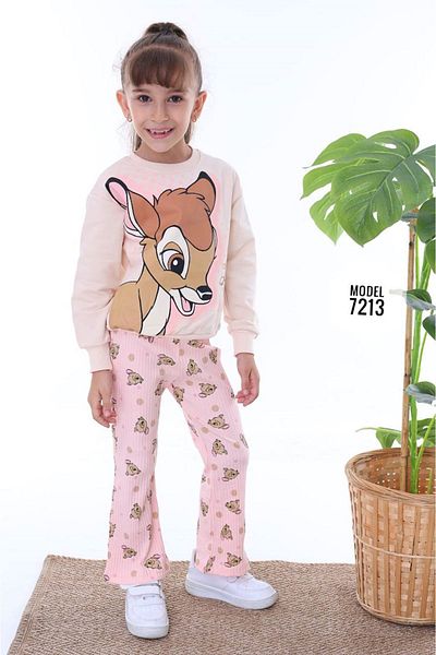 yagmurgiyim Pink Patterned Ribbed Leggings - Girl's Rope 100% Cotton Set 3-10 Years 7213-P