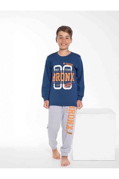 yagmurgiyim Set pijamale pentru băieți cu imprimeu Bronx Blue Interlock - 6-15 ani 3726-3727-M