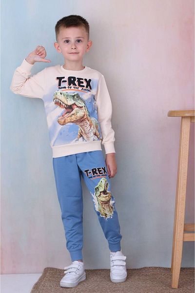 yagmurgiyim Σετ αγορίστικη φόρμα T-rex με σχέδιο μπλε - 100% βαμβάκι, 3-10 ετών, 7257-M