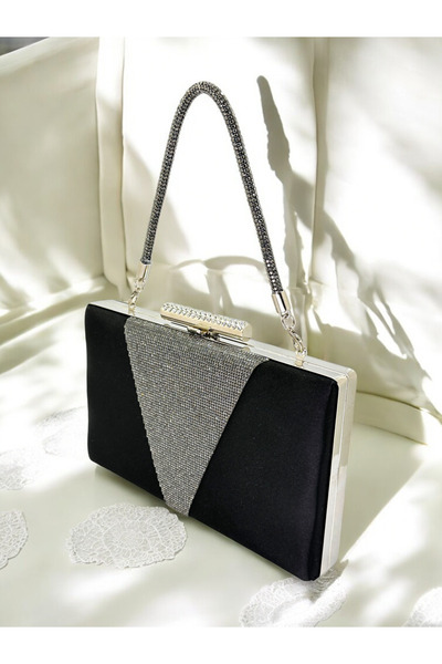 Generic Brand 2026 Trend Black Stone Women's Evening Dress Bag Shiny Satin Cr...