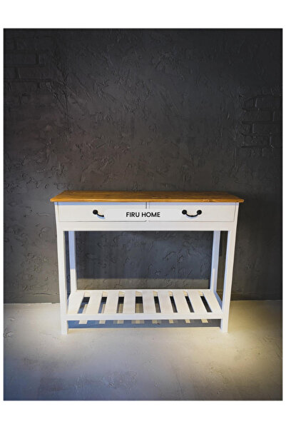 FIRU HOME Country Şıklığında Masif Ahşap Beyaz Dresuar Açık Ceviz Üst Tabla, ...