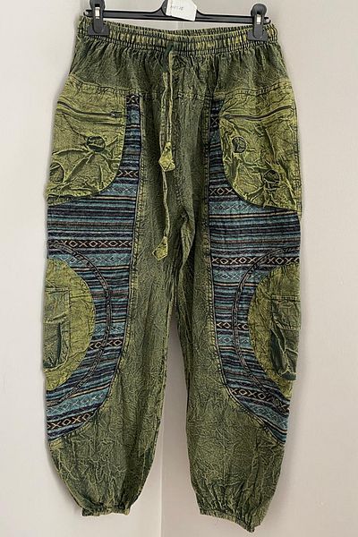 AYASOFYA OTANTIK Unisex Nepal Green Ethnic Αυθεντικό άνετο παντελόνι μποέμ με ελαστική μέση και πόδια με τσέπες με φερμουάρ