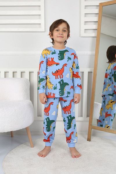 yagmurgiyim Set pijamale pentru băieți, 100% bumbac, cu model de dinozaur albastru Isob, 3-8 ani 32232-m