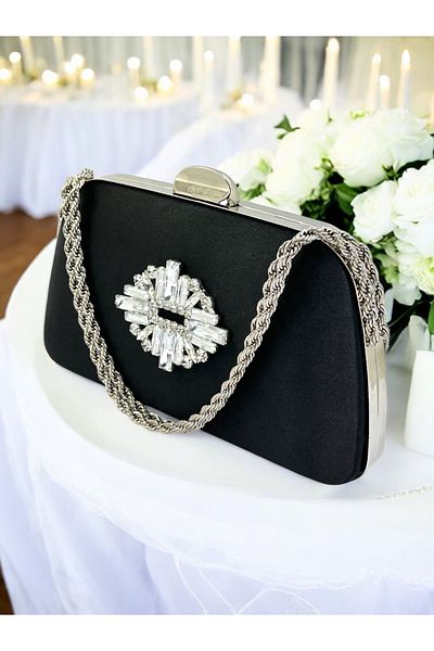 Wedding Fashion Design special, culoare neagră, mâner cu lanț din satin, mâner din piatră de cristal argintiu, geantă pentru rochie de seară pentru femei