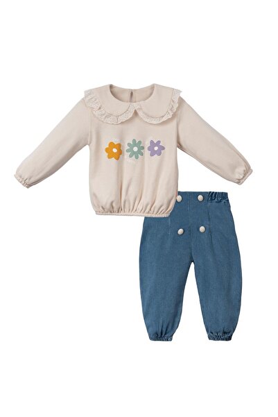 yagmurgiyim Necix's Baby Lapel Floral Top with Jeans 2-Piece Girl's Set Ecru 241055