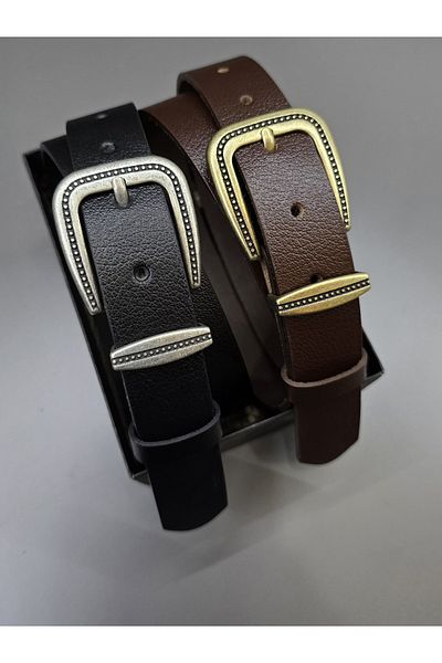 Kemerix 100% Genuine Leather Black Tin-Brown Antique Coated Buckle 2-Piece Belt Set