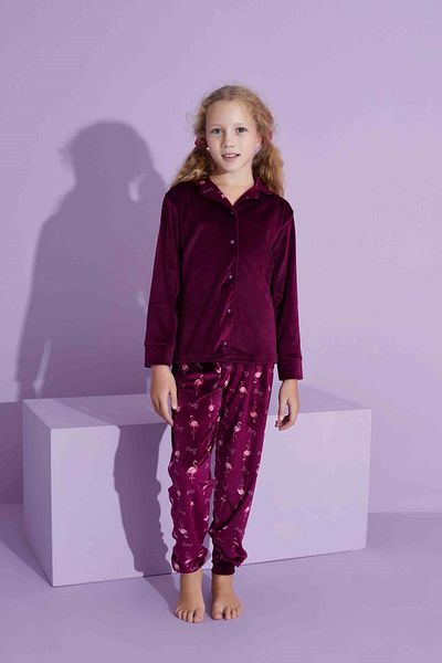 yagmurgiyim Set pijamale pentru fete din catifea burgundy - nasture frontale, 5-15 ani 2799-2800-B