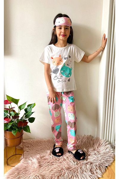 yagmurgiyim Kitten Patterned Ecru Girls' Short Sleeve Pajamas Set 4-12 Years 547
