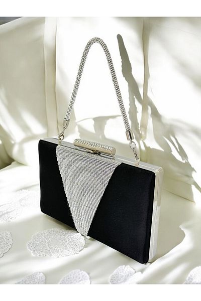 Wedding Fashion Culoare Neagră Satin Culoare Argintiu Cristal Piatră Mâner Femei Geantă Rochie De Seară Nuntă Absolvire Logodna