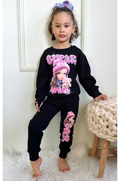 yagmurgiyim Σετ αθλητικών φόρμας Super Girl με μοτίβο μαύρου βαμβακιού - 3 σκέλη 7354-S