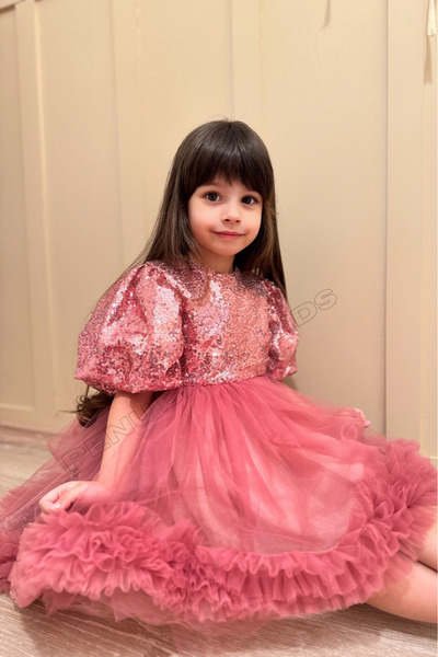 penu baby kids Gül Kurusu Payetli Balon Kollu Grenli Tül Etek Ucu Fırfırlı Kız Bebek & Kız Çocuk Elbise - Terr