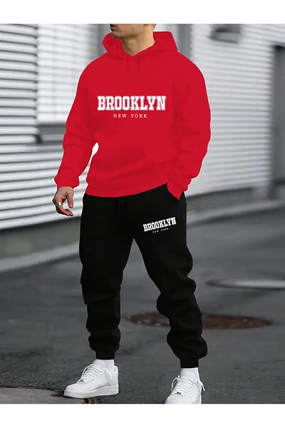 Minikelya Brooklyn Printed Men's Fleece Hooded Sweatshirt & Sweatpants Set