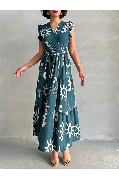 BEJNA Grünes, gewebtes Damenkleid mit Fliegenärmeln und zweireihigem Ausschnitt