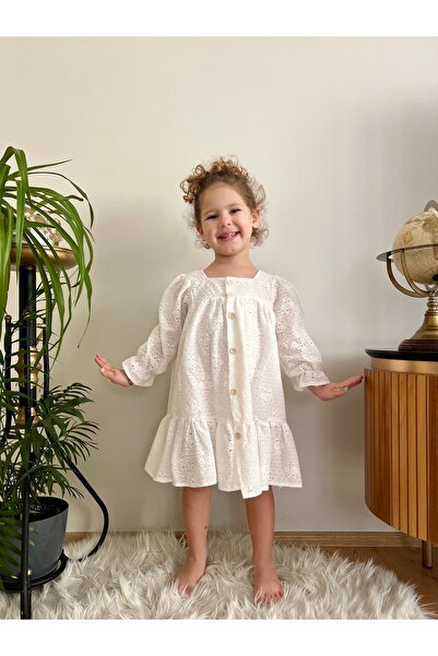 penu baby kids Βρεφικό φόρεμα για κορίτσια με μακρυμάνικο βαμβακερό κουμπιά εκρού