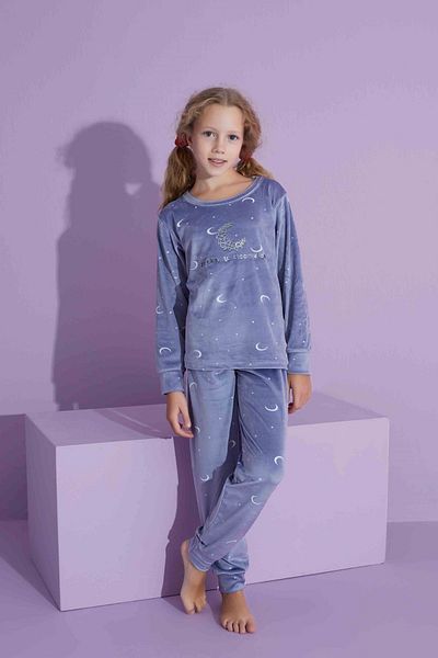 yagmurgiyim Set pijamale pentru fete din catifea albastră TARP 10-15 ani 2778-M