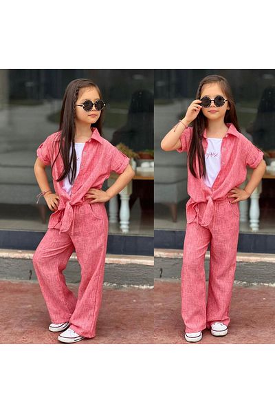 Yağmur Giyim Red Linen Girl's Set - Shirt, Badi and Pants 5-14 Years 7095-K