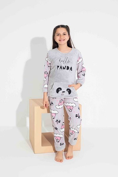yagmurgiyim Tarp Gray Panda Embroidered Fleece Pajamas for Girls 4-15 Years 2706-2707-2708-g