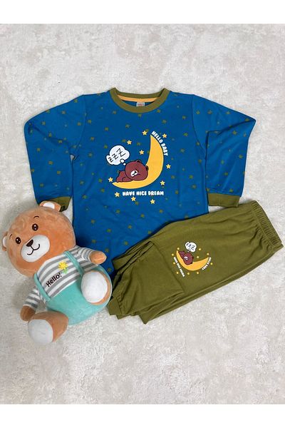 yagmurgiyim Seturi de pijamale pentru băieți ELMP - albastru verde, model ursuleț adormit, 100% bumbac, 9-13 ani 3016/913