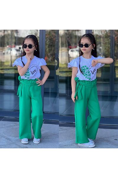 Yağmur Giyim Love Heart Patterned Croplu Fabric Pants Girl Set Green 3-10 Years 07053-Y