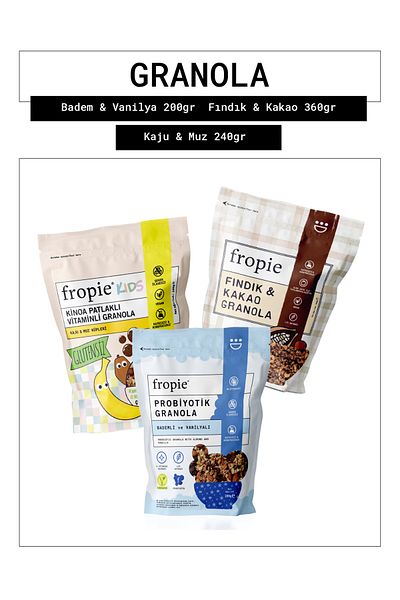 FROPİE Probiotic Almond & Vanilla - Hazelnut & Cocoa - Kids Cashew & Banana Cubes Granola Set of 3
