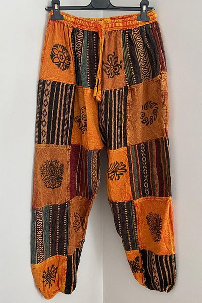 AYASOFYA OTANTIK Unisex Nepalese Orange Ethnic Authentic Pattern Loose Casual Bohemian Trousers with Elastic Waist and Pockets