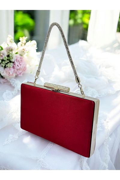 Wedding Fashion Geantă de seară pentru femei cu mânere din săpun cu piatră cristalină, satin, la culoarea bordó, pentru ocazii speciale, nuntă, logodnă, absolvire.