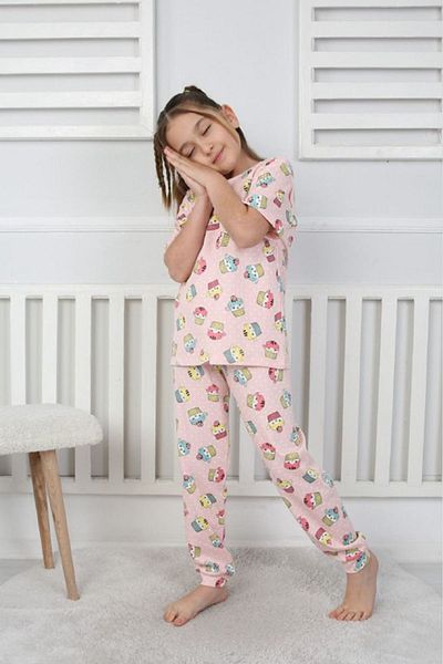 Yağmur Giyim İsob Pink Cup Cake Patterned 100% Cotton Girl's Short Sleeve Pajama Set 3-8 Years 41207-P